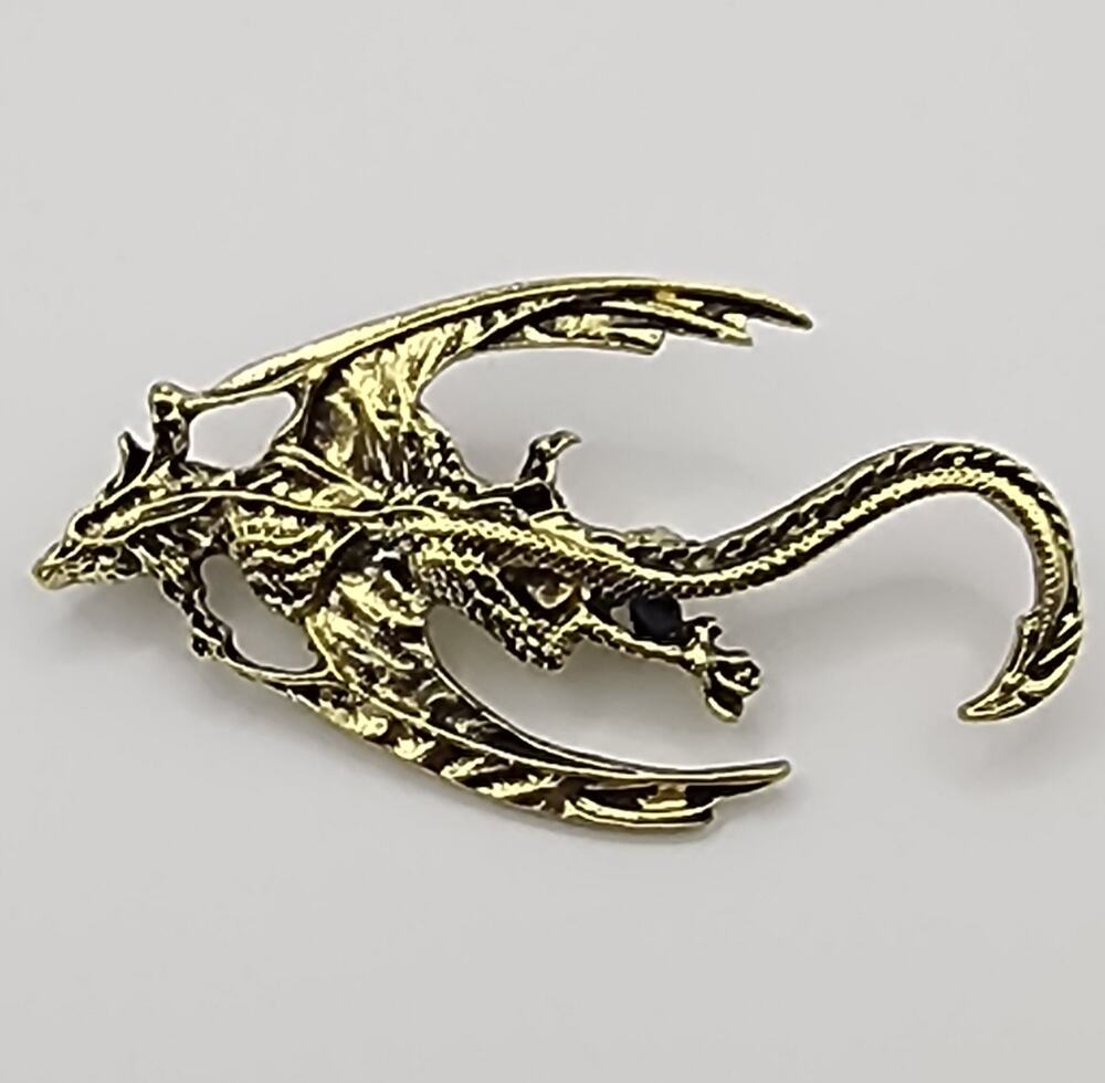 Gold Tone Metal Flying Dragon Brooch Curved Tail & Detailed Wings